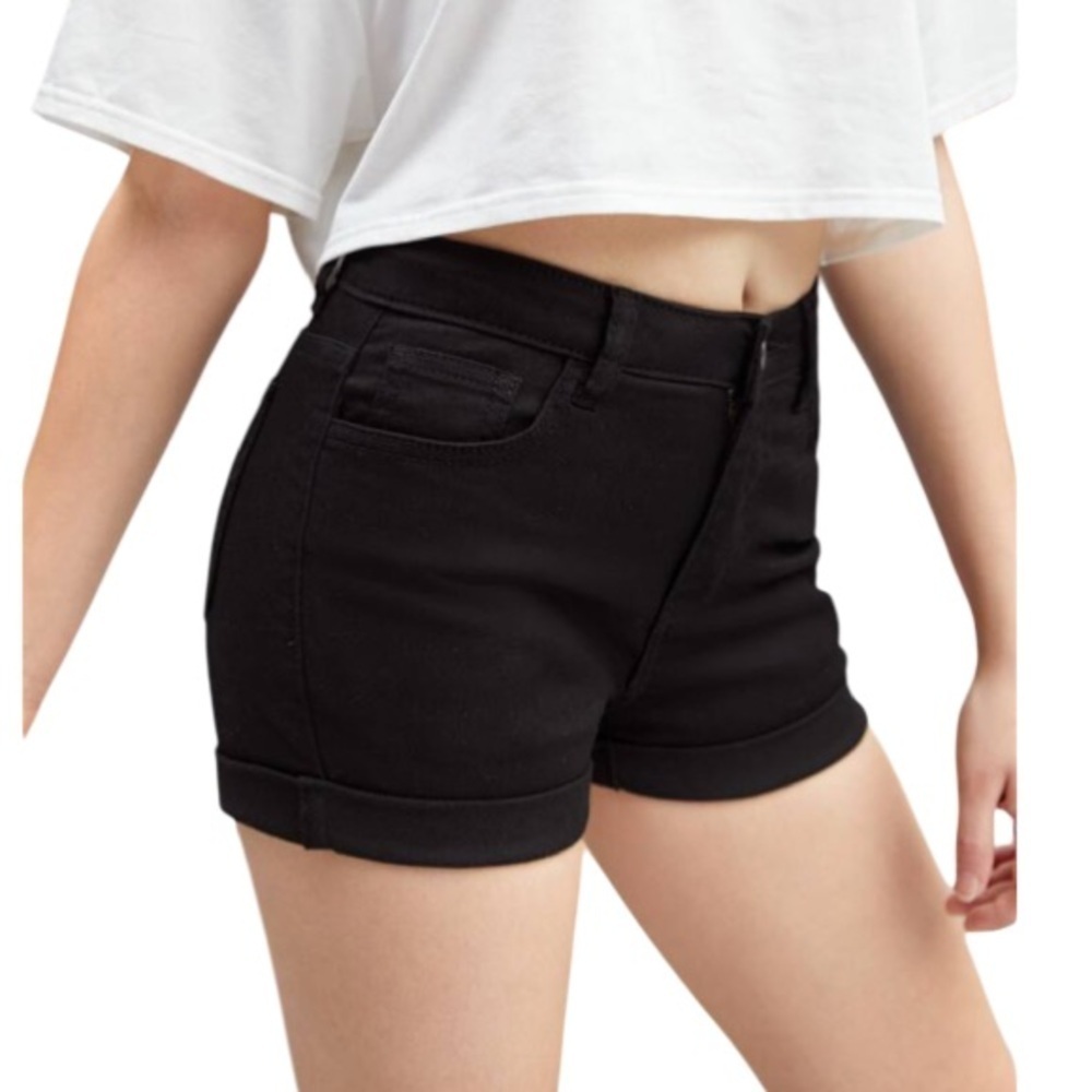 SHEIN Black Roll Up Denim Shorts Mid Rise Cotton Stretch Size 26